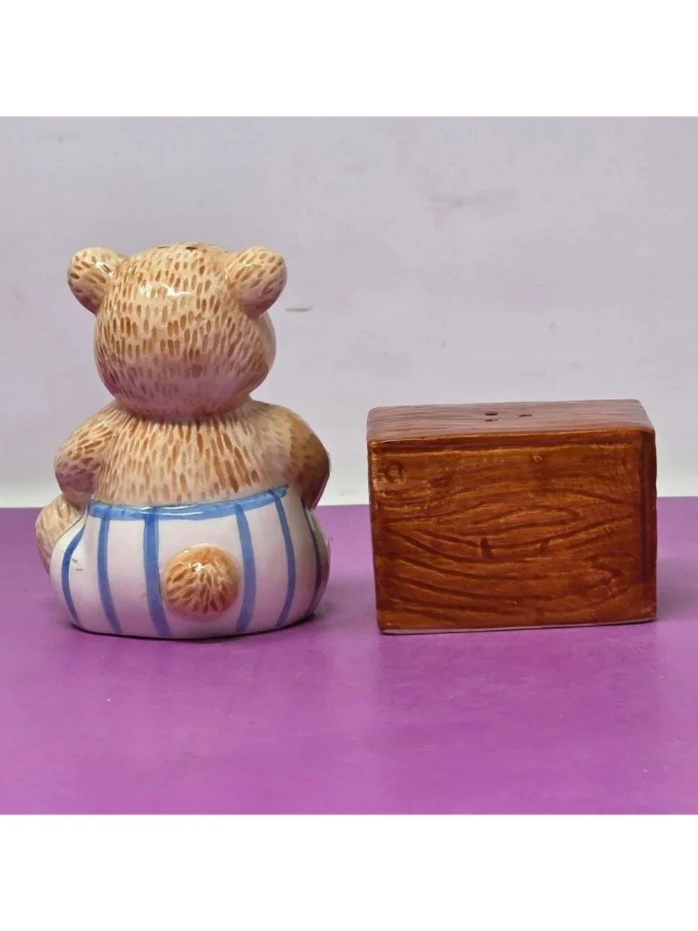 Ceramic Teddy Bear Honey Pot Salt Pepper Shakers Vintage Brown Blue Hand-Painted